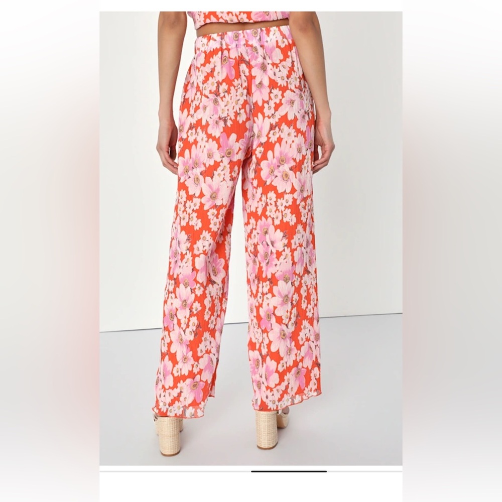 Sunshine Times Orange Floral Print Pleated High Rise Pants Size Small